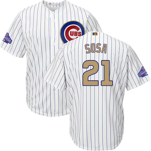 Cubs #21 Sammy Sosa White(Blue Strip) Gold Program Cool Base Stitched MLB Jersey